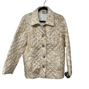 Chicos Womens Quilted Jacket Cream Beige Floral Print Button Up Size 3/16-18/XL